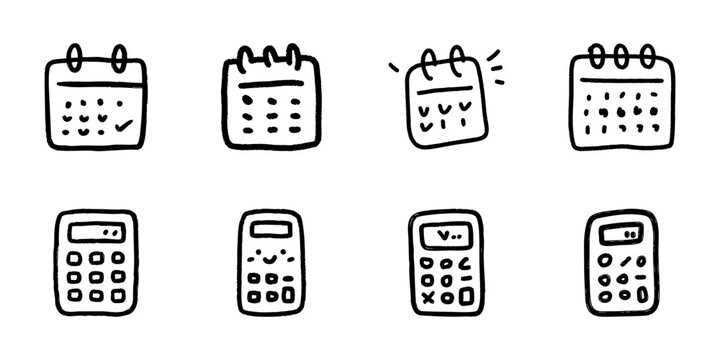 Calendar And Calculator Line Icon Set In Doodle Style. Time Management And Financial Calculation Outline Sketch Collection. Hand Drawn Isolated Vector Illustration