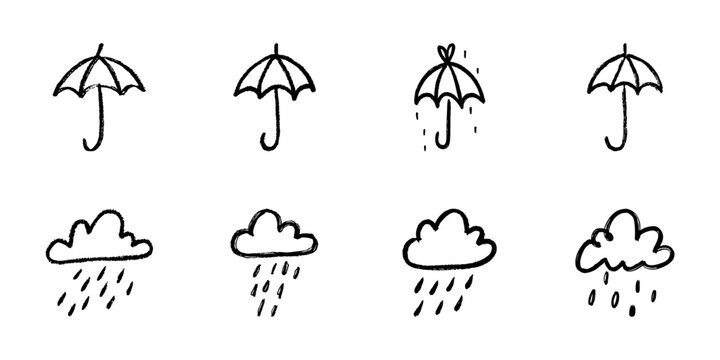 Umbrella And Rain Cloud Line Icon Set In Doodle Style. Weather Protection And Rainy Day Symbols Outline Sketch Collection. Hand Drawn Isolated Vector Illustration