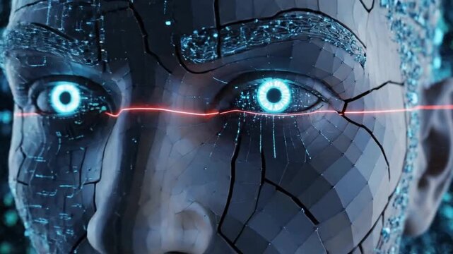 Futuristic robotic face with glowing eyes and binary code