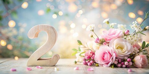 Floral Number 2 With Roses And Spring Flowers On Soft Bokeh Background, Elegant Anniversary And Birthday Concept, Copy Space For Greeting Card, Wedding Design, Marketing And Seasonal Promotion