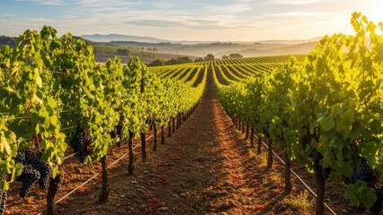 Obraz premium A serene vineyard landscape at sunset with lush green grapevines and rolling hills