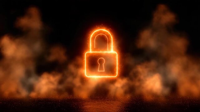 Secure digital padlock surrounded by smoke
