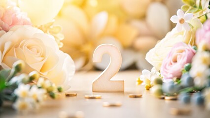 Floral Number 2 With Roses And Spring Flowers On Soft Bokeh Background, Elegant Anniversary And Birthday Concept, Copy Space For Greeting Card, Wedding Design, Marketing And Seasonal Promotion