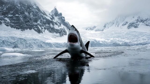 Great white shark attack in cold polar sea
