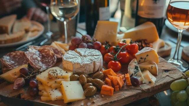 Video A rustic wooden cutting board piled high with various cheeses for serving and snacking