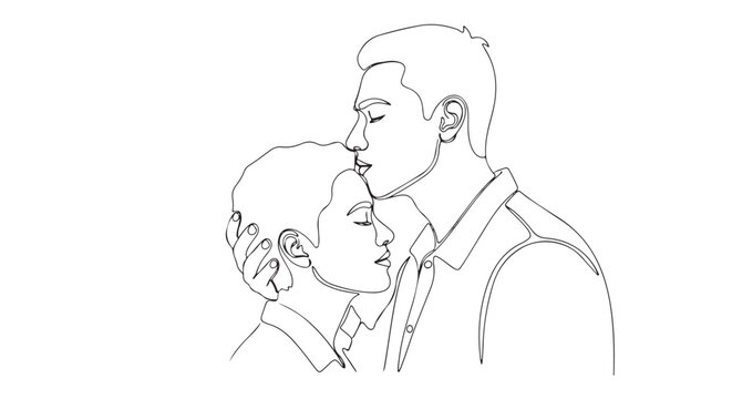 Modern minimalist line art illustration depicting a loving couple sharing an affectionate forehead kiss, symbolizing deep connection and tender intimacy in graphic style
