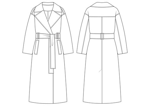 Vector fashion technical drawing of a belted wrap coat with front and back view. Peak lapel. Waist tie. Belt loops. Side pockets. Back yoke. Single back vent. Wool fabric with lining.