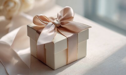 Fototapeta premium A white box with a pink ribbon on top