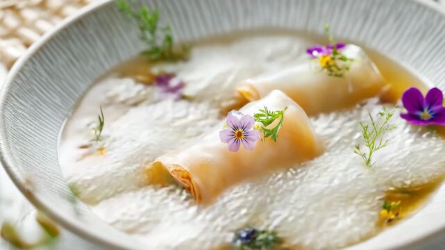 Fresh spring rolls in broth with edible flowers