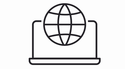 Clean black and white vector icon showing a laptop with a globe symbol, ideal for representing global internet access, online platforms, digital communication, web technology, and remote work. 