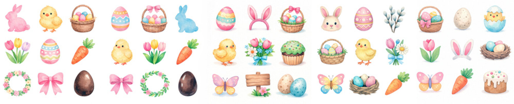 Easter water painted spring clipart set with pastel eggs, bunny, chick, baskets, tulips, butterflies and cute decorations for cards, nursery prints and seasonal branding