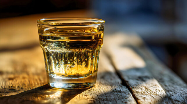 Traditional Serbian rakija in a shot glass on wooden table, strong alcoholic drink with golden color, rustic sunlight background.