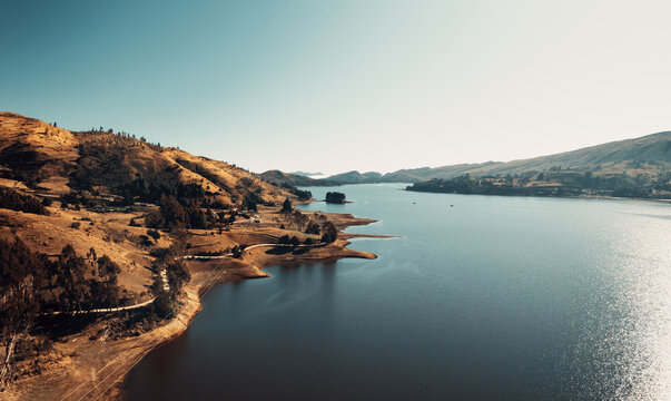 Aereal view of Isla de Pinos and Corani Lake in Cochabamba, Bolivia.