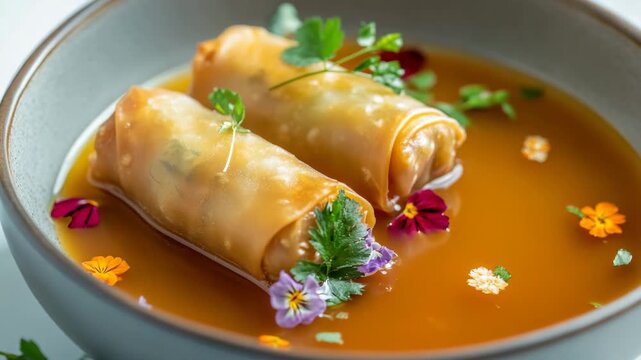 Fried spring rolls in soup with floral garnish
