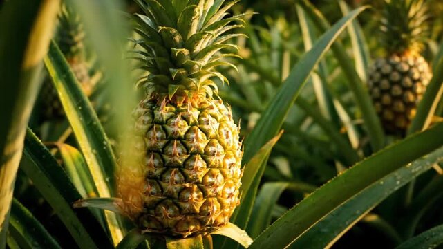 Cinematic close up of a ripe pineapple growing on a tropical farm plantation during golden hour