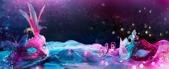 Carnival Party - Venetian Masks With Abstract Glittering - Blue And Purple Lights - Masquerade Disguise 