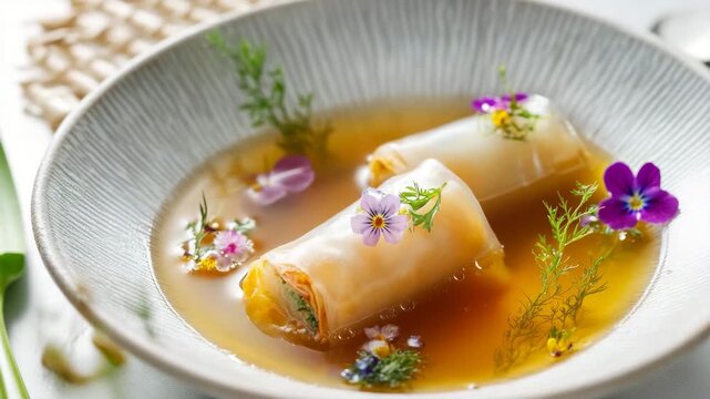 Fresh spring rolls in broth with edible flowers
