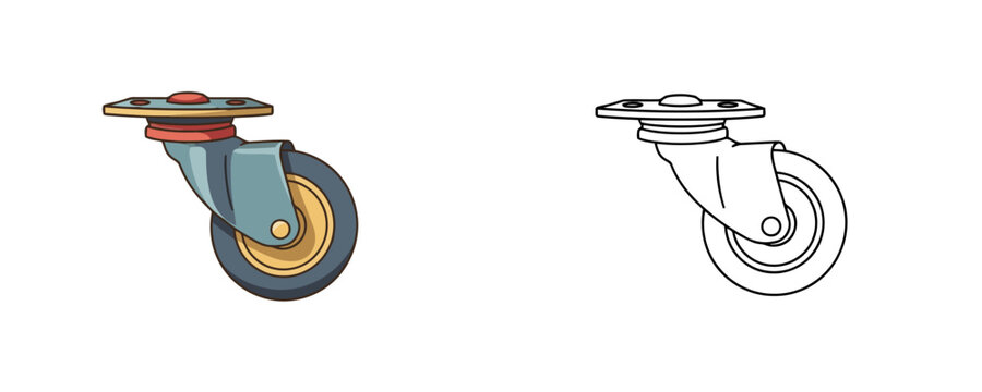Industrial swivel caster wheel for furniture and carts in cartoon and outline styles with blue yellow and red colors used for heavy equipment on white background