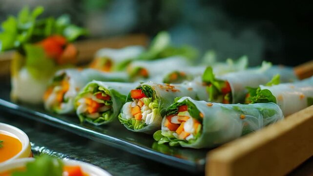 Fresh vegetable spring rolls on black plate
