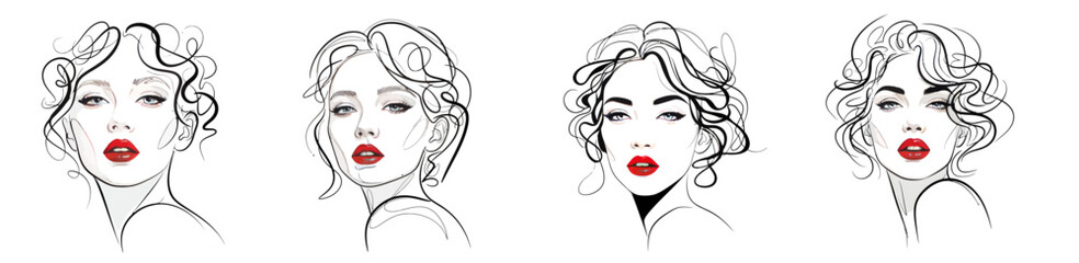 Elegant woman faces with different expressions and red lips