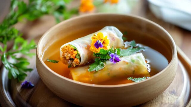 Fresh spring rolls in broth with edible flowers
