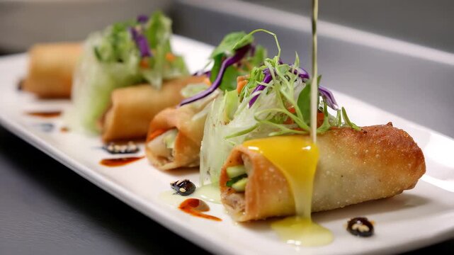 Crispy spring rolls served with gourmet garnish
