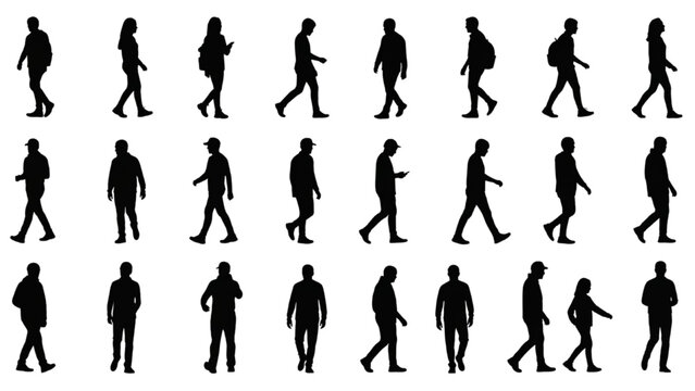 Collection of diverse people walking alone in various poses and directions