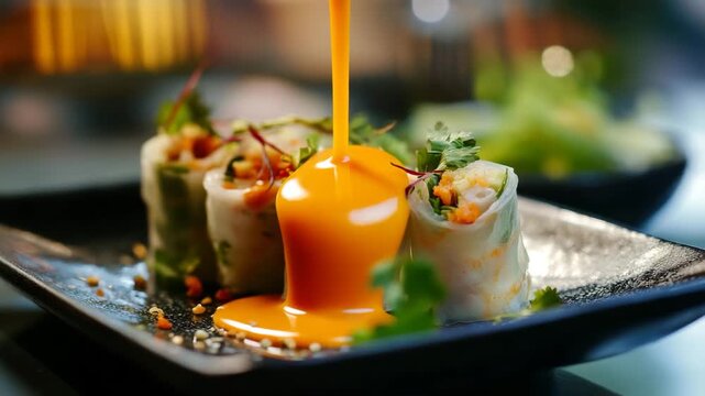 Fresh spring rolls with vibrant orange sauce
