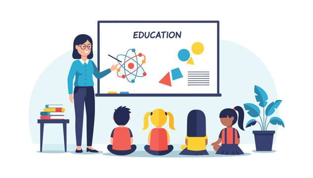 Female teacher teaching diverse children in classroom education concept whiteboard and books vector illustration