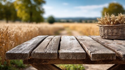 Obraz premium Empty rustic wooden table with a basket of wheat ears. Blurred golden field background. Autumn harvest concept with copy space for product display