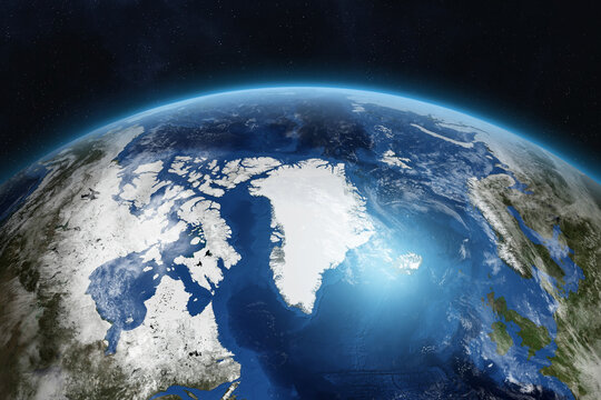 Greenland from space. Earth planet in space. Greenland, Iceland, Canada, USA, Europe, Denmark, United Kingdom, Ireland, Norway, Sweden. Nordic countries, view from orbit. Planet Earth in outer space.