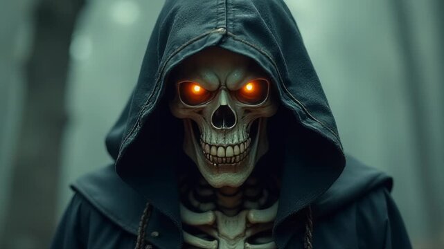 Video A medieval-style skeleton wearing a hooded cloak and glowing eyes, perfect for Halloween or horror-themed ry