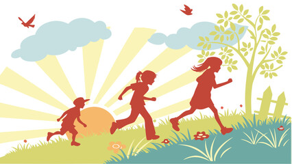 Naklejka premium Silhouette of children running in a sunny meadow with trees and flowers, isolated on white background.
