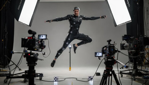 Stunt performer dressed in a sensor suit captured midaction studio lights and cameras focused on realtime motion tracking with background elements artistically out of focus.