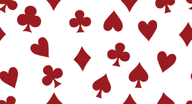 Seamless pattern of scattered red playing card suits on a white background, featuring hearts, diamonds, clubs, and spades for games and leisure.