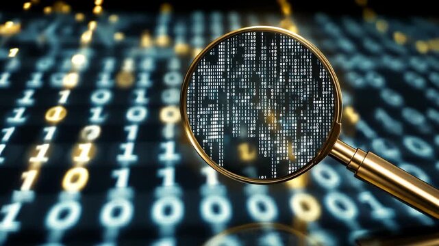 Close look at digital data on a screen with a magnifying glass highlighting patterns in binary code and bytes during nighttime