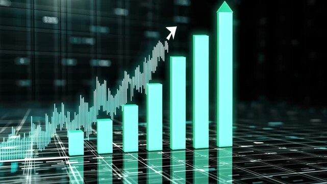 Charts display growth over time with rising data points. Each frame highlights upward trends and increasing values in graphs
