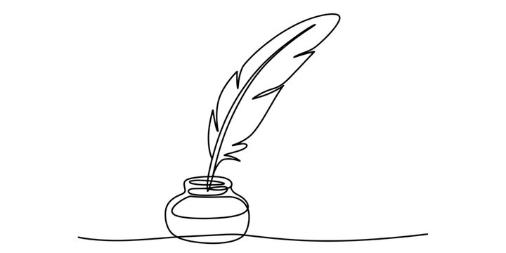 Elegant continuous single line drawing of an old-fashioned feather quill pen with an ink pot Vector, illustration