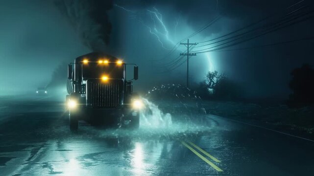 Video A vehicle drives down a wet road during precipitation