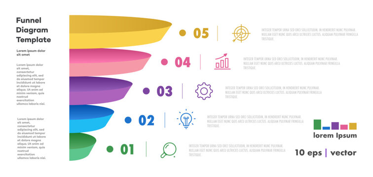 Funnel infographic diagram template 3d isometric 5 parts; options or level for workflow layout; processing; apps; webdesign; timelines; marketing; presentation; banner