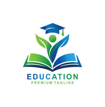 professional education logo design featuring a person rising from an open book with a graduation cap on top.