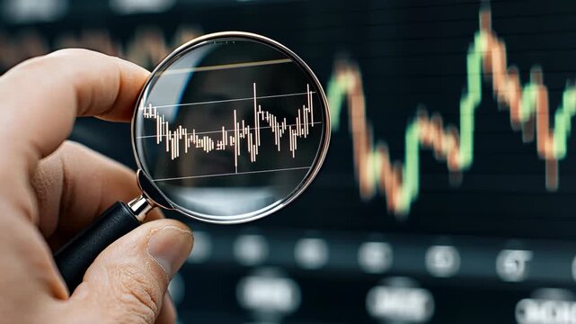 A person looks closely at stock market data using a magnifying glass to study changes in financial trends and prices