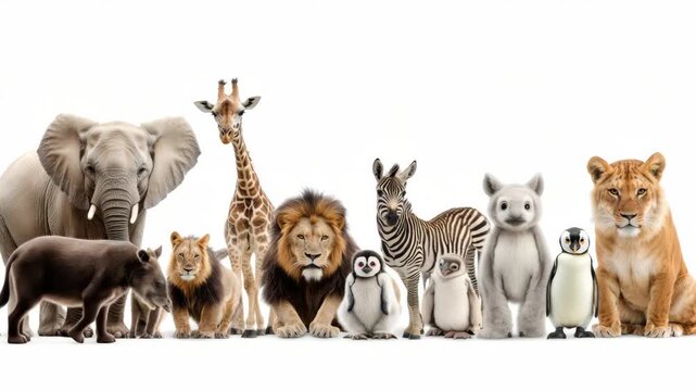Animals come together in a line for a group shot during a wildlife gathering in a well-lit area