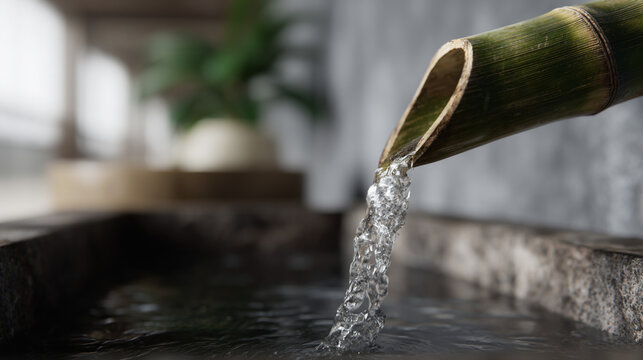Natural bamboo fountain serene and peaceful atmosphere.