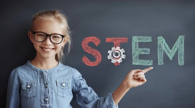 Young learner pointing toward STEM acronym displayed on classroom blackboard, highlighting educational concept