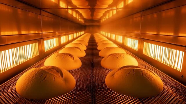 Multiple loaves of bread warm under heat in an oven. Racks hold rows of dough waiting to be baked