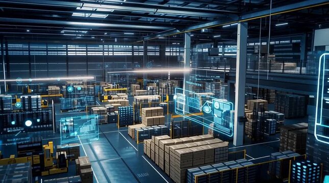 Automated guided vehicles moving goods in smart warehouse with augmented reality holographic heads-up display