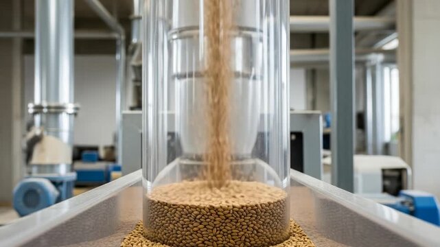 Grain is being poured from a large container into another storage area in a processing facility during the afternoon time