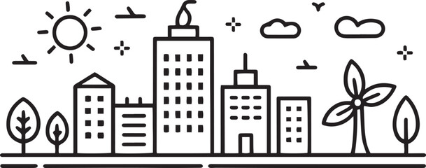 Sustainable Smart City Skyline with Wind Turbines Line Art Vector Illustration