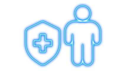 Fototapeta premium Person icon with a glowing blue neon outline shield icon featuring a medical cross symbol, representing health insurance, medical protection, and safety, isolated on transparent background.